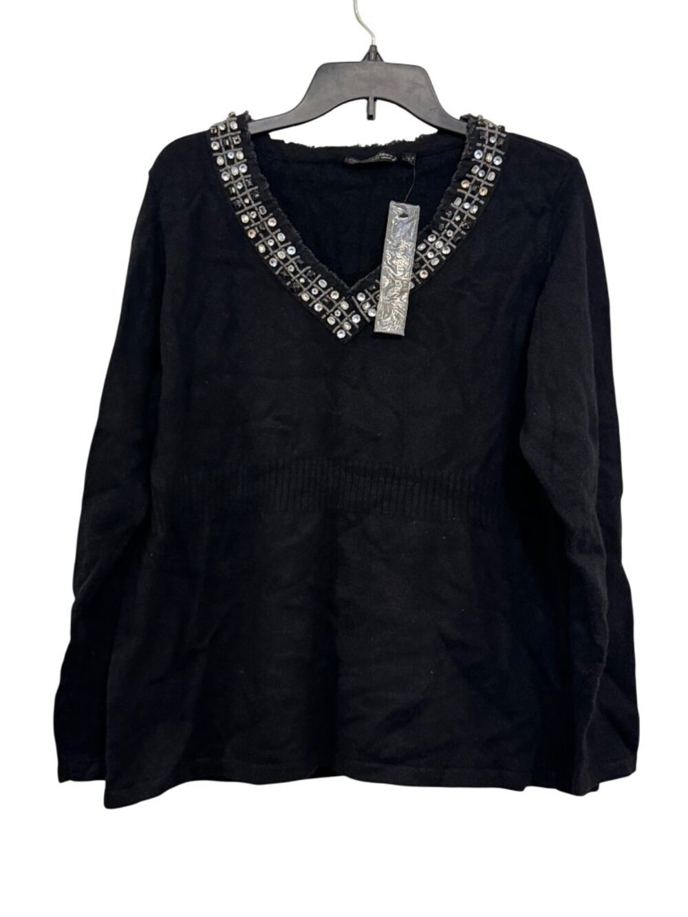 Pamela Dennis PCG Black Beaded V-Neck Sweater Large Angora Blend Long Sleeve